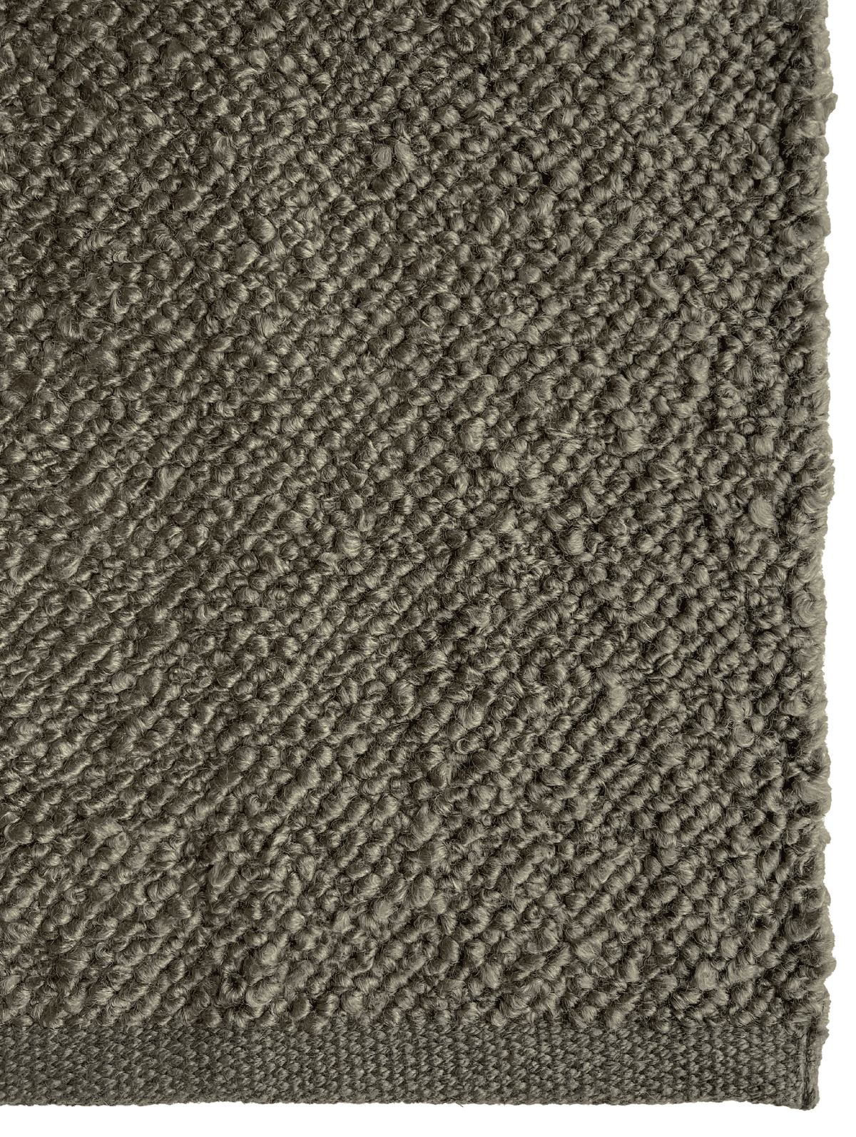 Close-up of a textured area rug showing its looped pile and woven border in a warm taupe-brown color.