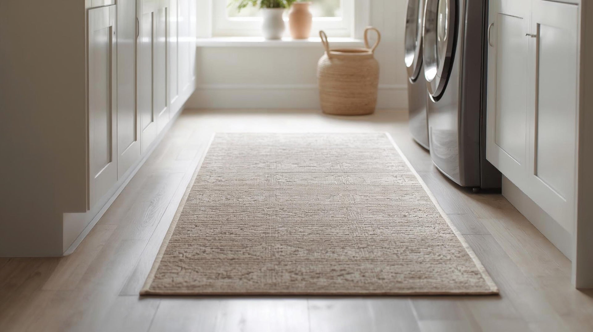 a rug runner placed in a laundry area