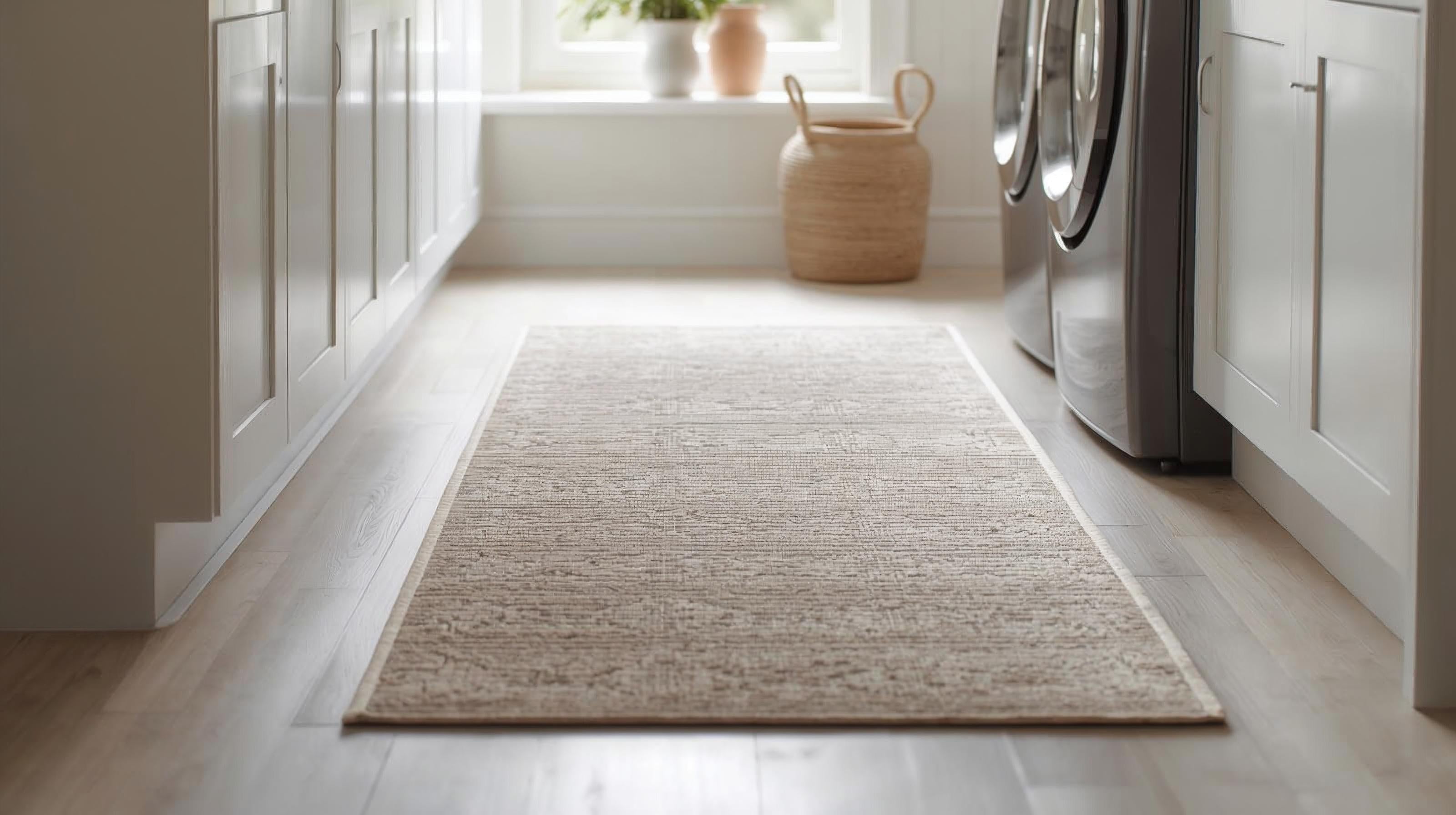 a rug runner placed in a laundry area