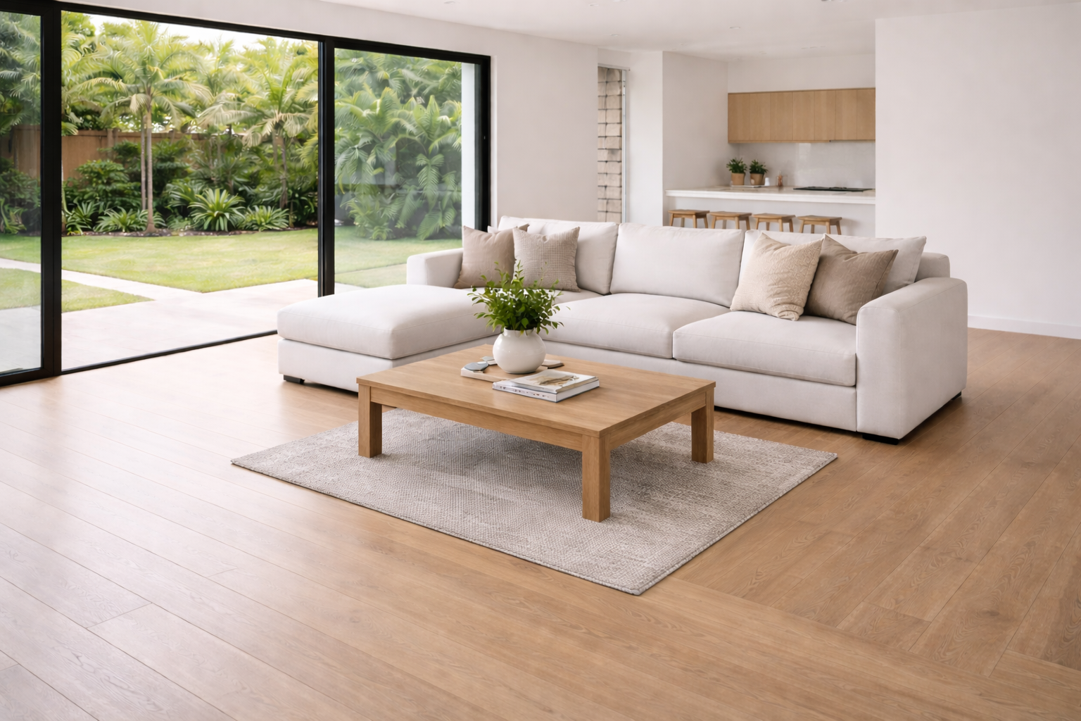 Modern living room with a white sofa, wooden coffee table, and large windows.