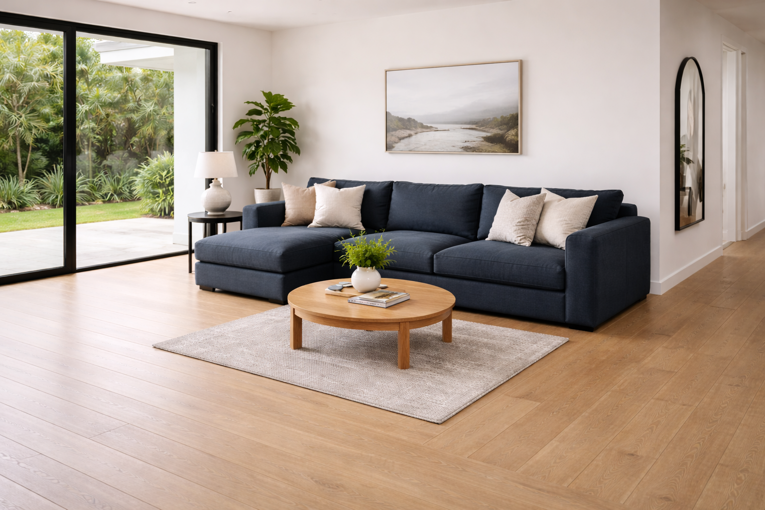 Modern living room with a dark gray sofa, wooden coffee table, and decorative items.