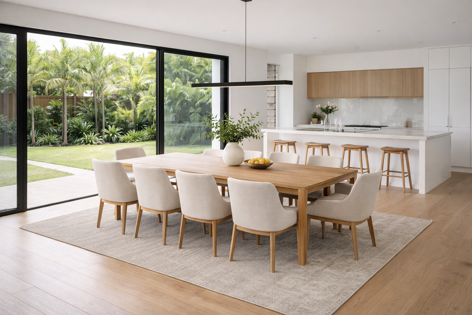 Modern dining area with wooden table and chairs in a bright kitchen.