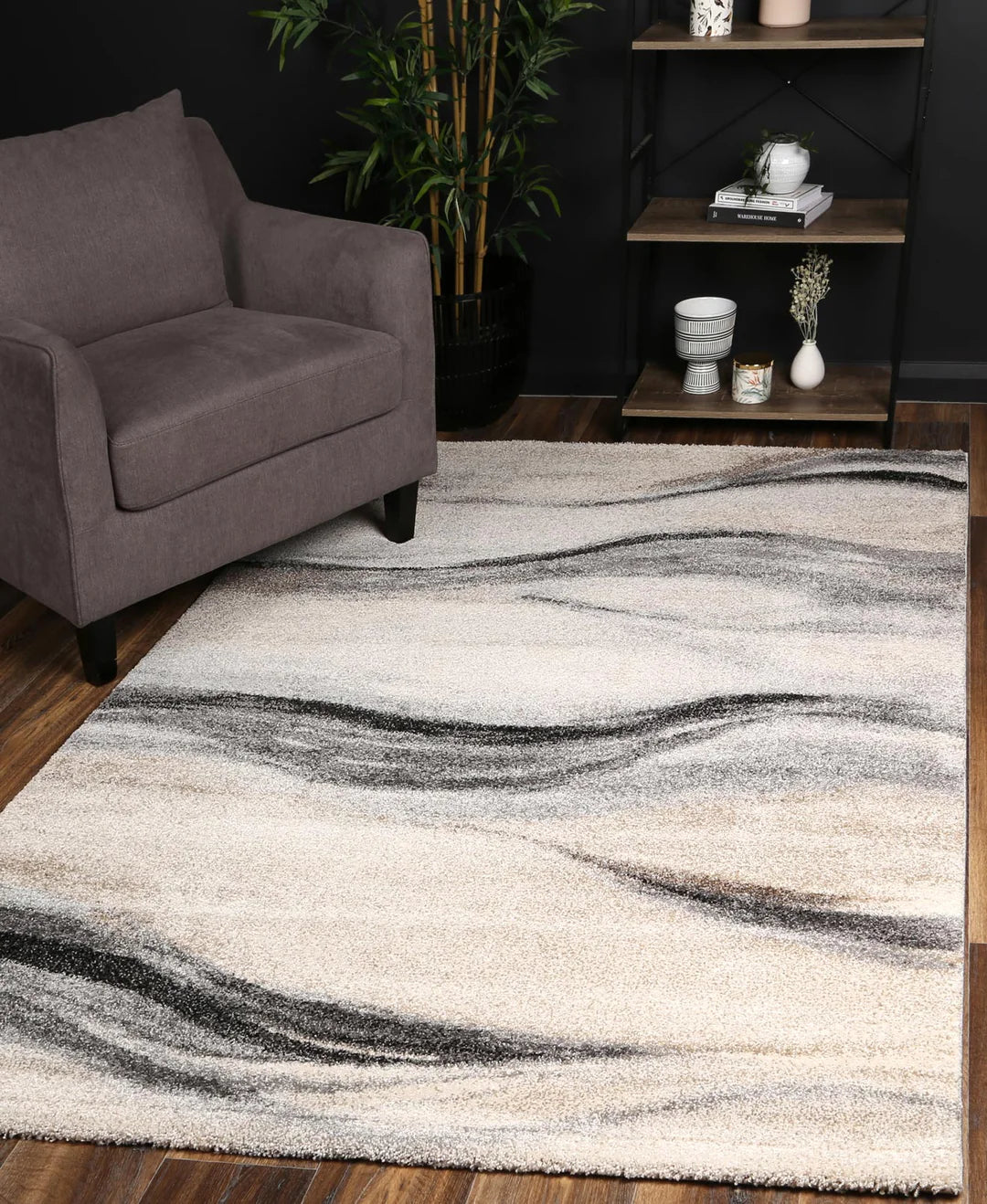 rug on timber flooring with chair and display shelf