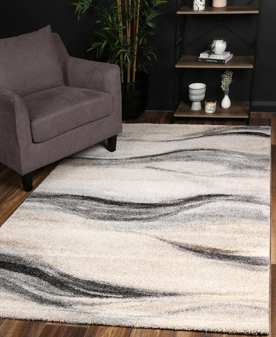 rug on timber flooring with chair and display shelf