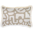A square throw pillow with a beige and off-white abstract pattern and fringed edges, shown against a plain white background.