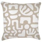 A square throw pillow featuring an abstract, organic pattern in white on a warm taupe-beige background.