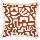 Square throw pillow with a warm brown and white abstract pattern, finished with cream-colored fringe on all sides.