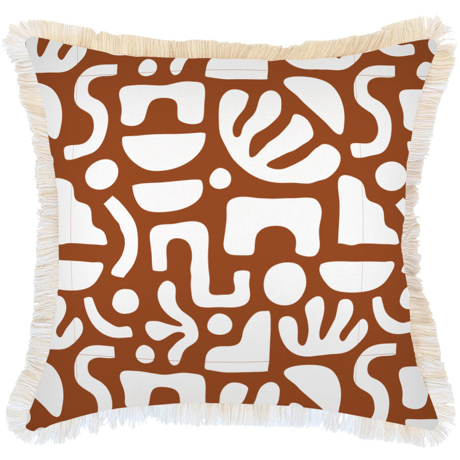 Square throw pillow with a warm brown and white abstract pattern, finished with cream-colored fringe on all sides.