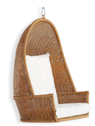 Wicker hanging chair with white cushion on a white background