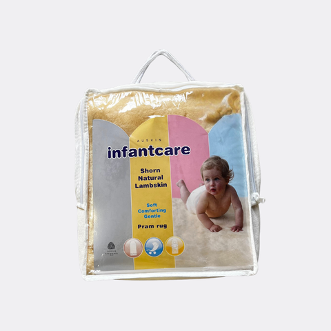 Packaged Infantcare lambskin rug with a baby on the label on a white background
