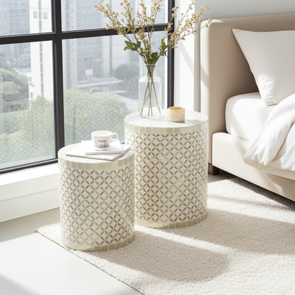 Two patterned side tables with a vase and cup in a living room setting.