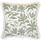 Decorative pillow with green leaf pattern and beige fringe on a white background