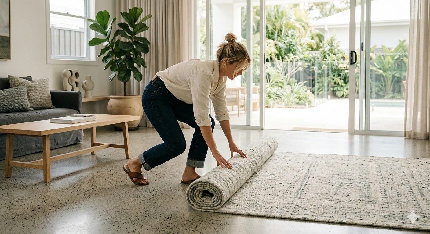 Woman unrolling a rug in a living room