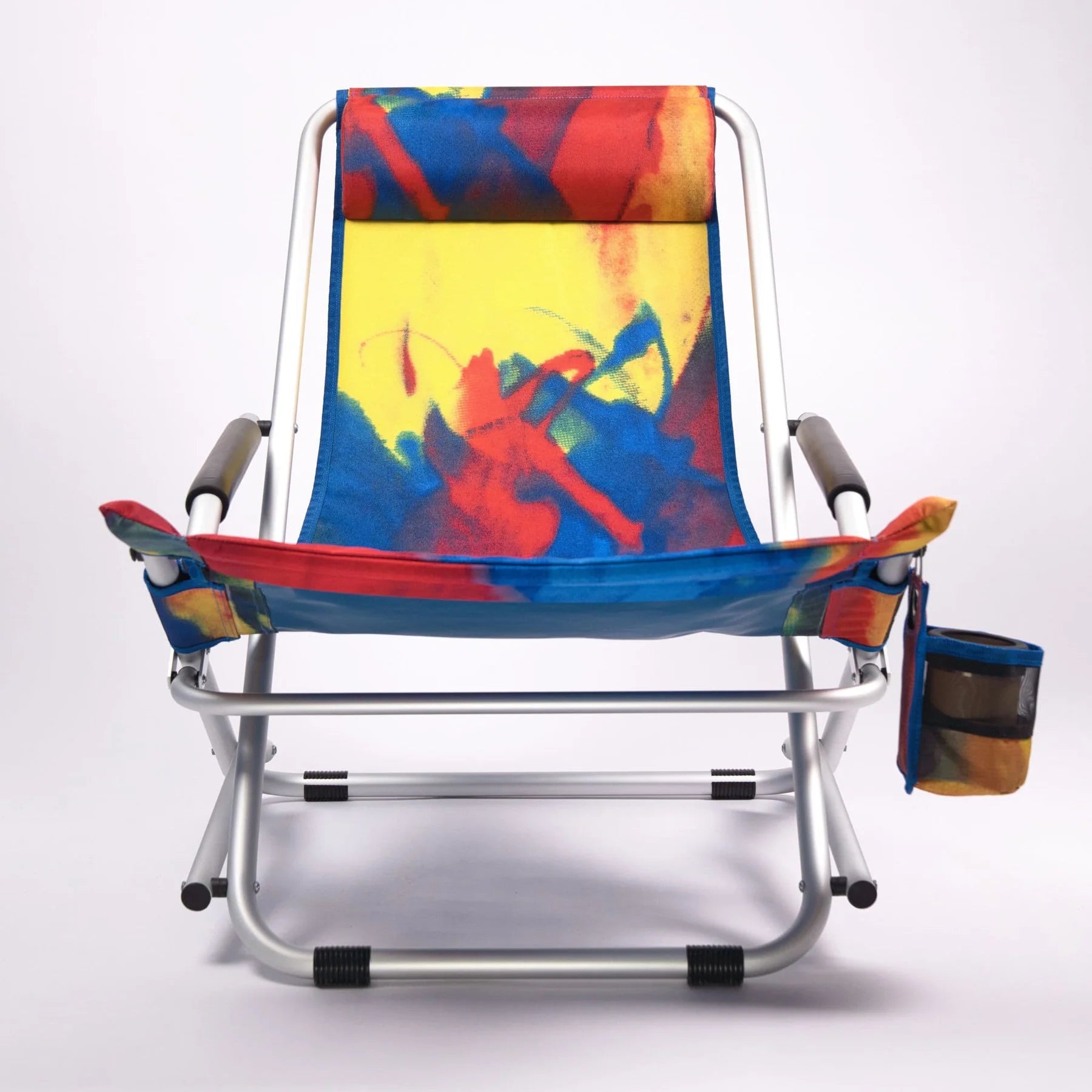 Colorful folding chair with a vibrant seat cover on a white background
