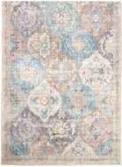 Decorative area rug with intricate pattern in pastel colors on a light background